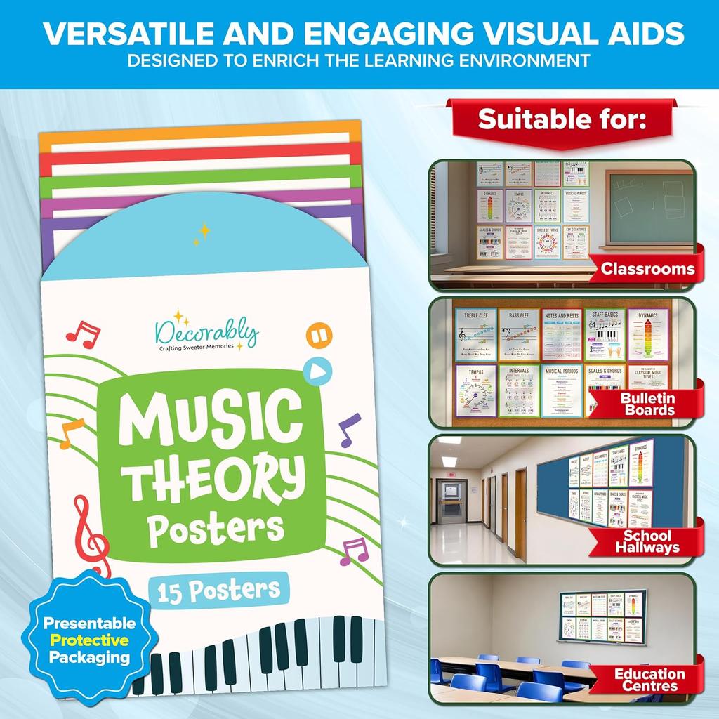 Decorably 15 Music Posters for Classroom, 11x14in Matte-Laminated Educational Music Theory Poster Set for Classroom - Bulletin Boards, School