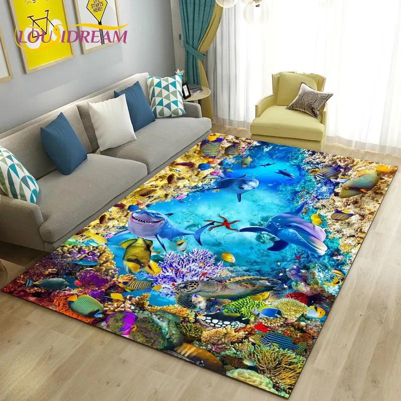 Seabed Illusion Underwater World  Dolphin Shark  Area Rug ,Carpet Rug for Living Room Bedroom Sofa Doormat Non-slip Floor Mat