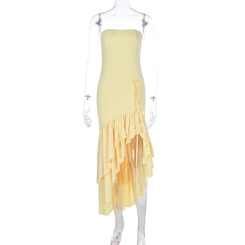 Women's Long Dress Spring and Summer Fashion Elegant Sexy Tube Top Ruffle Edge Sleeveless Knitted Dress