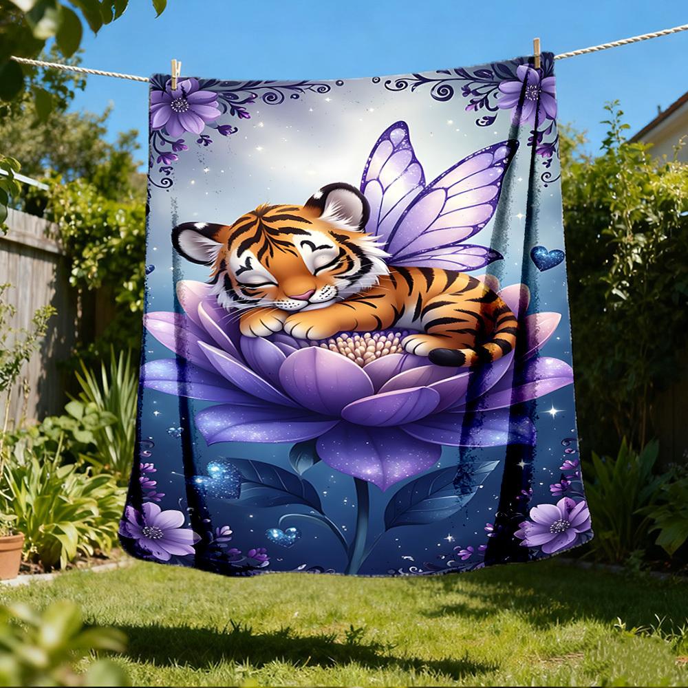 1pc Tiger Fairy Flower Throw Blanket Polyester Fiber, Lightweight Flannel, Soft & Warm, All Season Use for Outdoor, Camping Digital Print