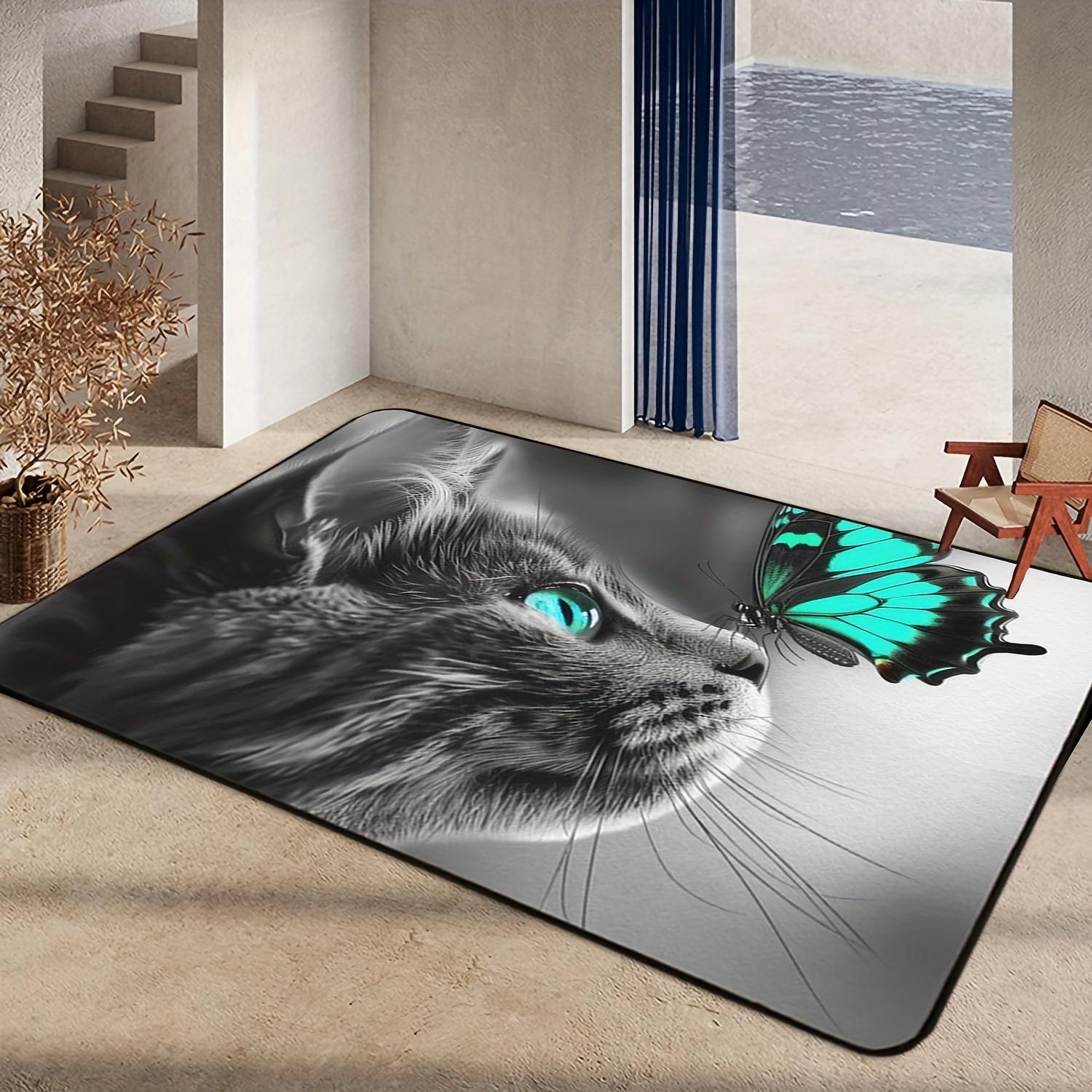 Cat and Butterfly Area Rug Blue Butterfly Non Slip Rug Black and Grey Cat Rug Pet Lover Decor for Living Room Bedroom Floor 40x60cm