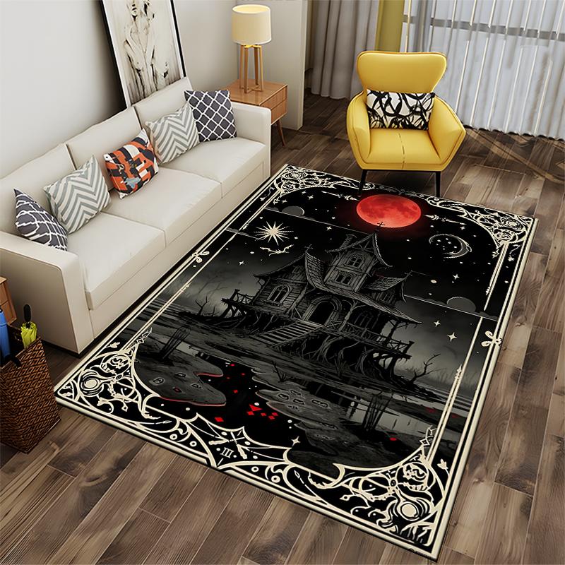 Haunted House Carpet with Red Moon and Gothic Pattern Design Suitable for use as an anti-slip for living room bedroom sofas