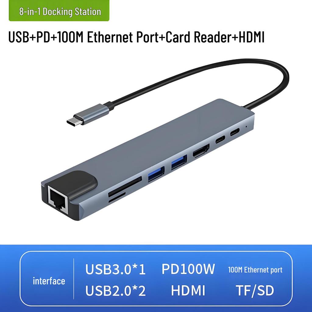 8-in-1 Type-C Hub: Multifunctional Card Reader & USB Network Expansion Dock