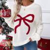 Women's Pink Bow Long Sleeve Christmas Sweater, Autumn/Winter European American Style, Loose Round Neck Knit Top