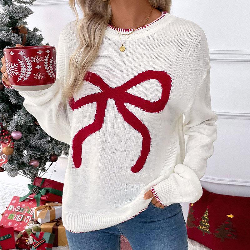 Women's Pink Bow Long Sleeve Christmas Sweater, Autumn/Winter European American Style, Loose Round Neck Knit Top
