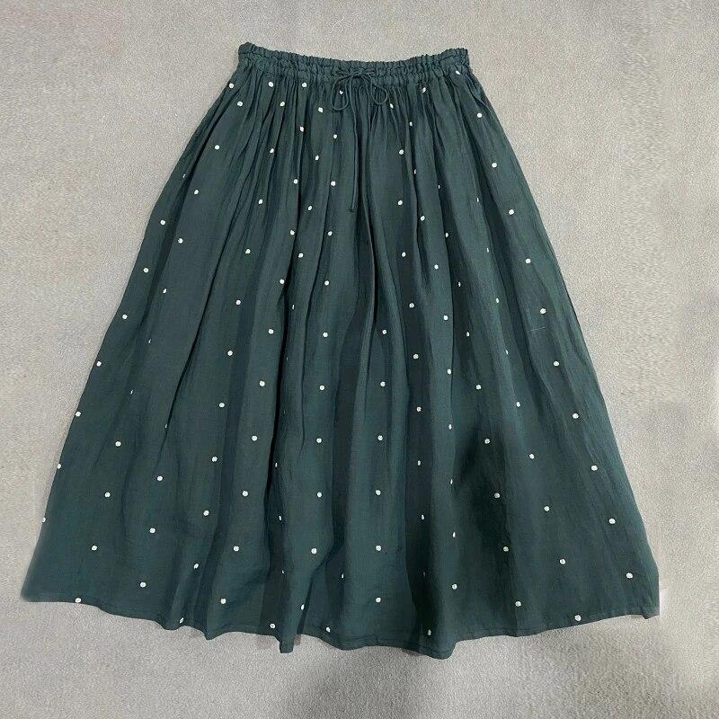 Johnature Summer Wave Point Women All Match Elastic Waist Skirts Casual Solid Color Loose Female Skirts