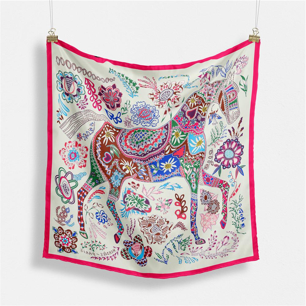 Twill Silk Scarf Woman Giraffe Painting Square Scarves Wraps Bandana Small Hijab Silk Foulards Tie Headband Neckerchief 53CM