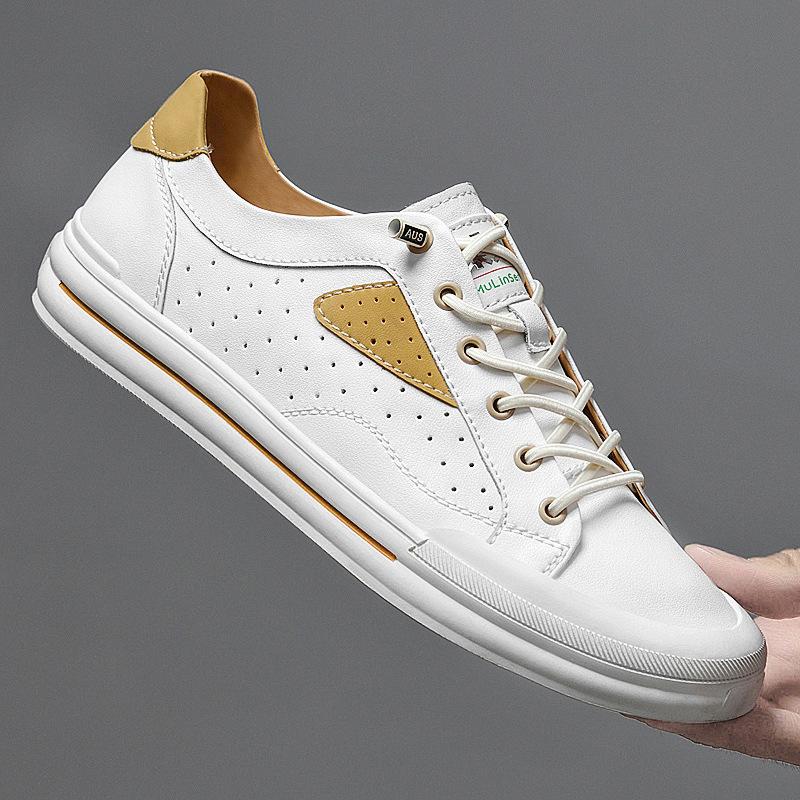 Men's Shoes 2025 Summer New Light Luxury Leather Punching Breathable Casual Shoes Men's Youth Trend Versatile Board Shoes