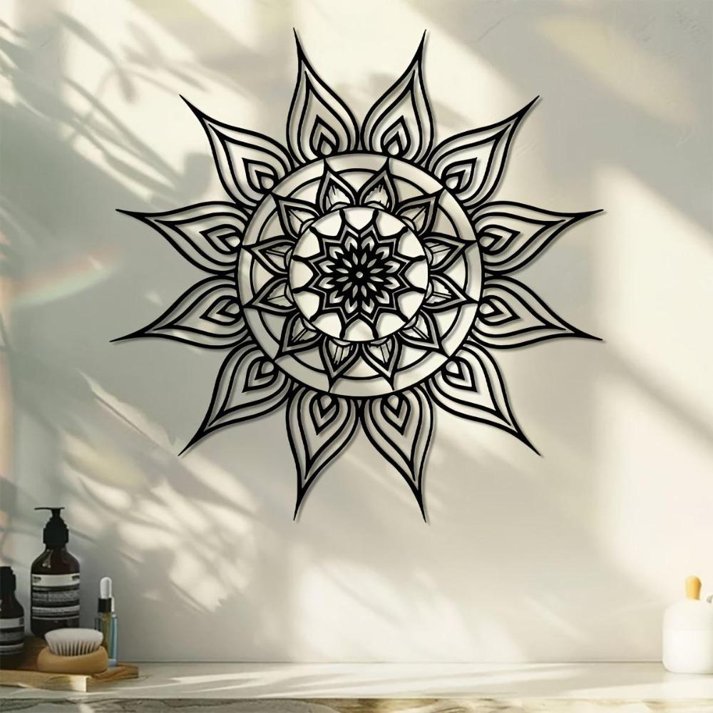 Sun Mandala Metal Wall Art Black Floral Geometric Design 15.74 Inch Outdoor Indoor Home Garden Gift