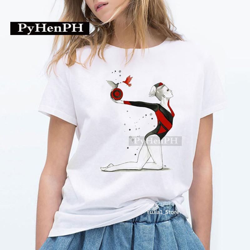 Elegant Ballet Print Short Sleeve T-shirt Women's Slim Fit Summer Top Modal Fabric Student Girl Fashion Polyester