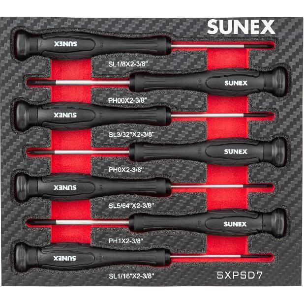 SUNEX TOOLS SXPSD7 Precision Phillips® & Slotted Screwdriver Set in EVA Foam, 7-Piece