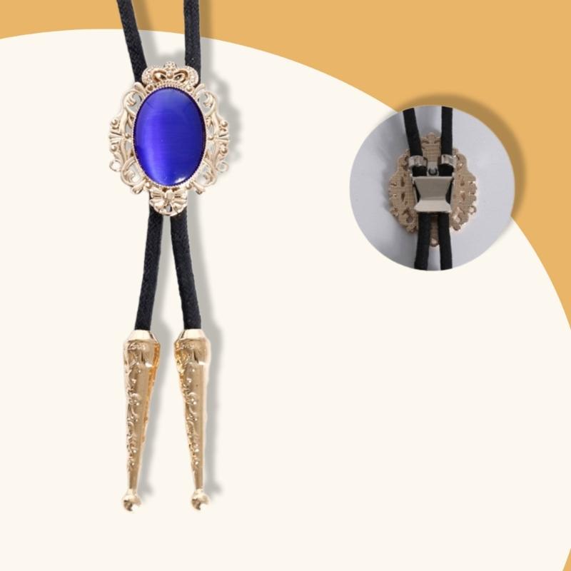 Handmade Vintage Bolo Tie Western Cowboy Leather Rope Wedding Necktie with Metal Flower Crown Stone Jewelry Necklace
