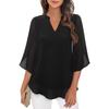 Women V Neck Chiffon Blouse With Split Three Quarter Sleeves Casual Layered Top
