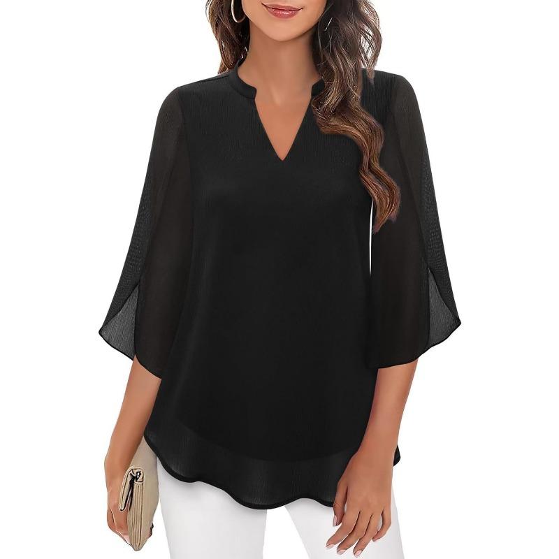 Women V Neck Chiffon Blouse With Split Three Quarter Sleeves Casual Layered Top