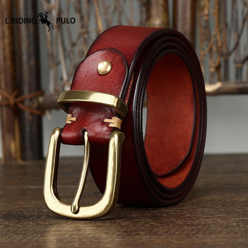 Ceinture en Cuir Véritable Cuir de Vachette Grain Supérieur Lavé Rétro pour Homme avec Boucle en Laiton, Nouvelle Ceinture Tendance Style Coréen
