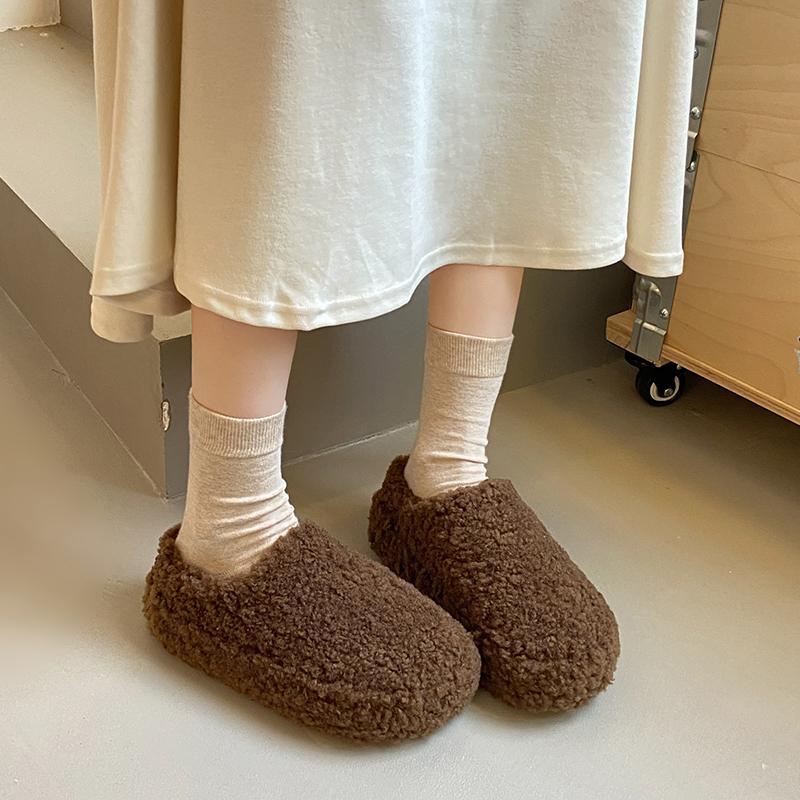Leopard Print Plush Slippers Fashion Round Toe Deep Mouth Platform Sole Non-slip Wear-resistant Cotton Shoes
