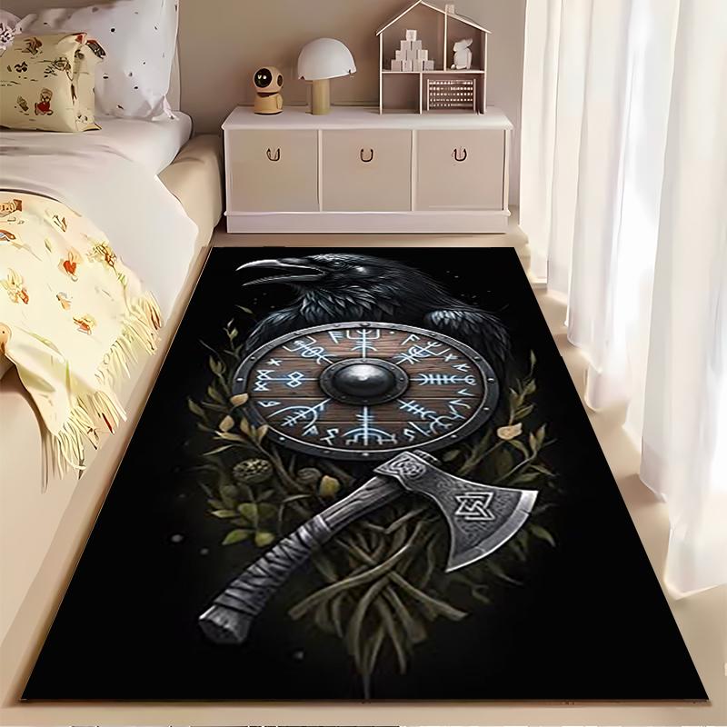 Spiritual Area Rug, Viking Raven Shield Axe Rune Wood Nature Poster, Living Room Decor, Non-Slip Mat