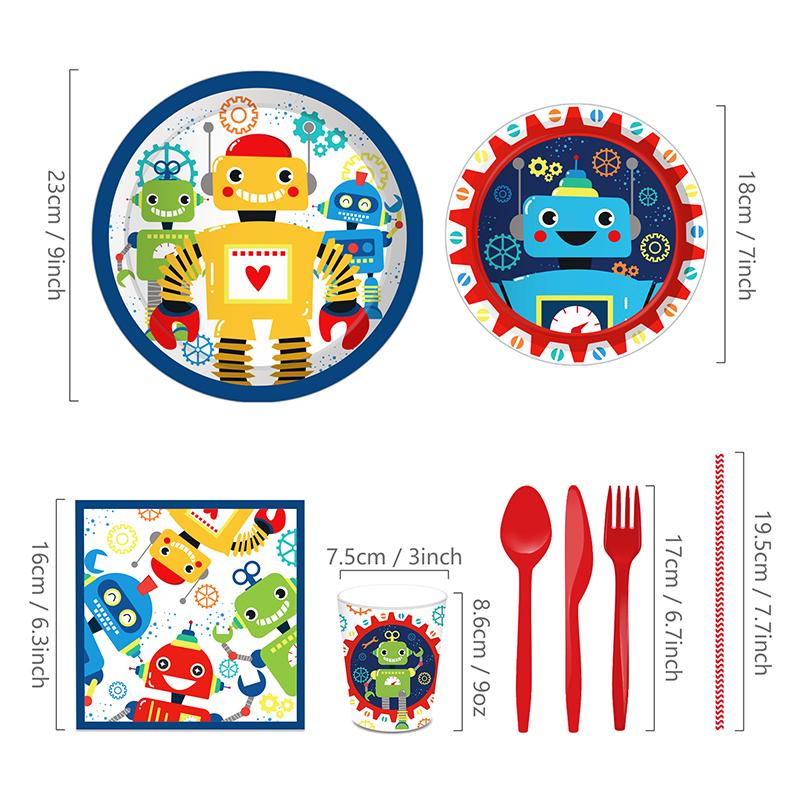 Roboter Cartoon Themen Einweg Geschirr Papier Teller Tassen Kinder Favor Luftballons Geburtstag Party Baby Dusche Dekorationen Lieferungen