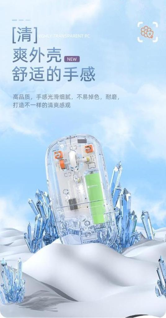 Wireless Mouse, Bluetooth2.4G, Transparent, Rechargeable, Quiet, Energy-Saving, Slim, 800-1200-1600 DPI Switching, Battery Level Display, Compatible
