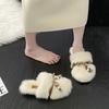 Fashion Winter Women's Fashion Outdoor Non-slip Fur Slippers Cute Style Bow Decoration Flat Bottom Comfortable Baotou Slippers Shoes