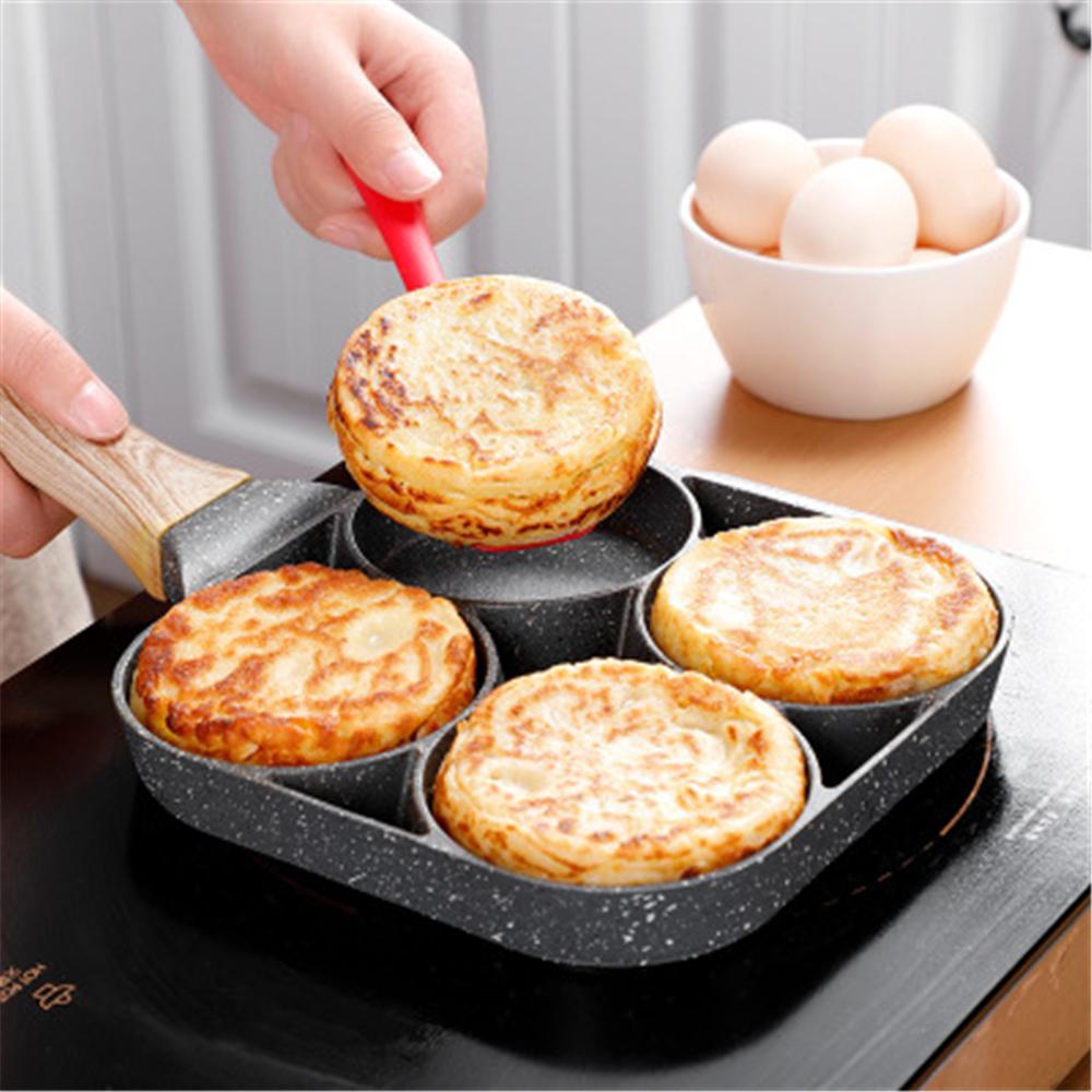 Square Non-Stick Frying Pan with 4 Compartments and Wooden Handle for Easy Breakfast Cooking