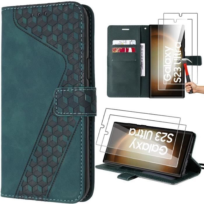 Coque de protection - BOOLING - pour Samsung Galaxy S23 Ultra - Cuir PU Embossé - 2 Verres Trempés - Vert Nuit