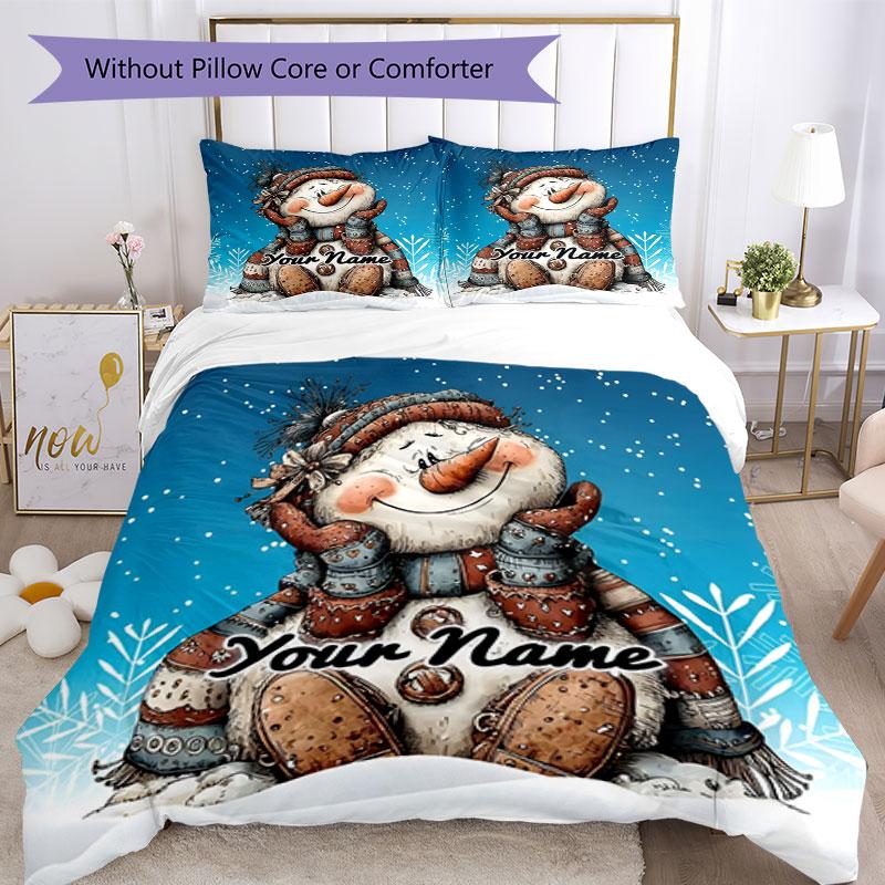 3PC Custom Name Snowman Winter Wonderland Bedding Set Printed Bedding Set Duvet Cover Closure Includes 1 Duvet Cover & 2 Pillowcases for All Seasons B