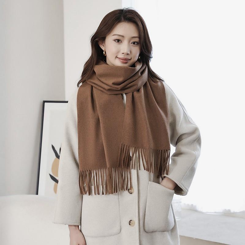 Womens Solid Color Wool Scarf With Fringe Winter Warm Shawl Mens Lightweight Cashmere-Blend Wrap Korean Style
