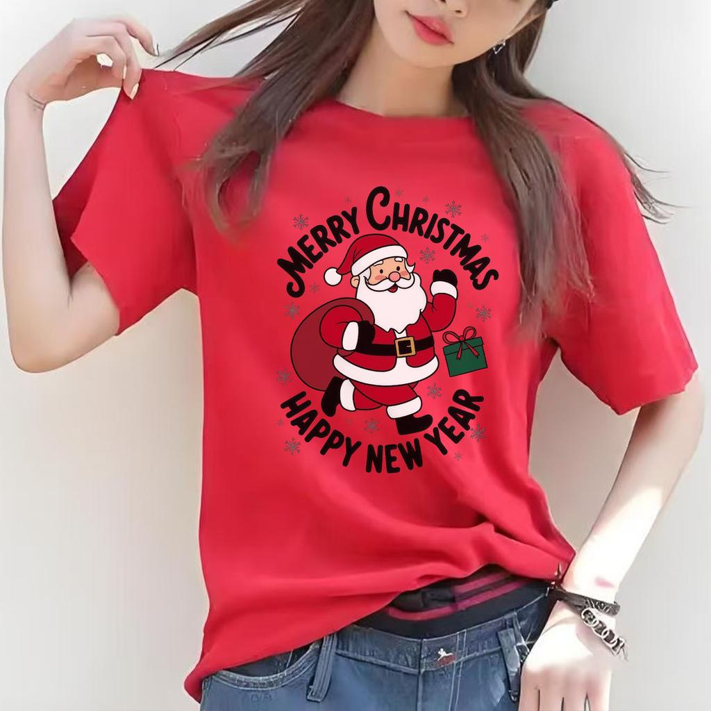 Merry Christmas  Santa Claus print pattern Tshirt  short sleeved round neck versatile Womens Tshirt