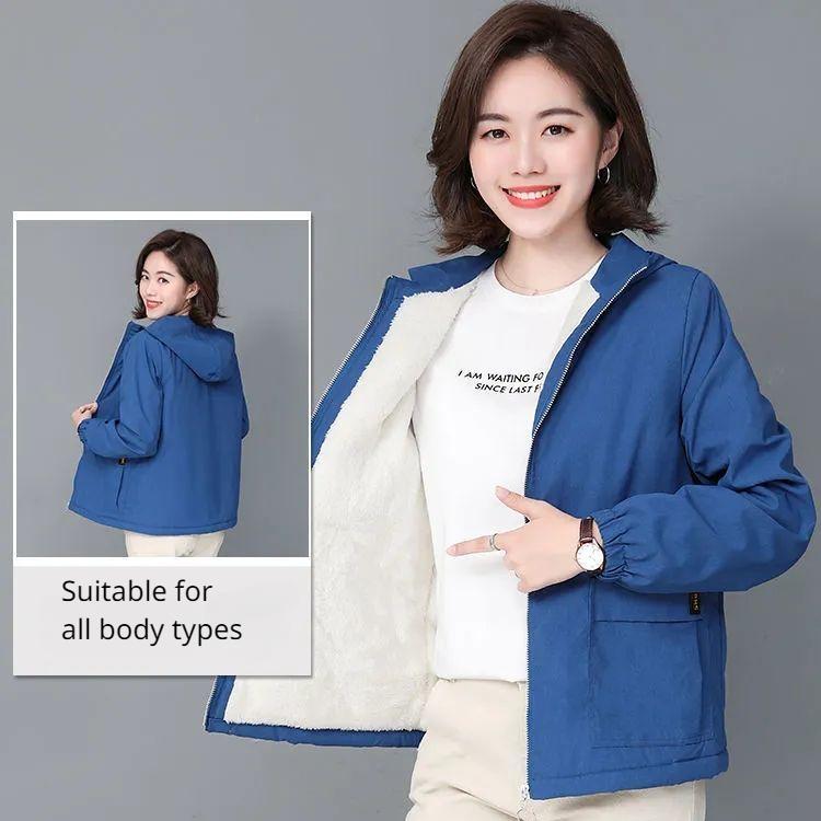 Women's Fleece Jacket Autumn Winter Short Thick Warm Zipper Jacket Loose Women's Hooded Coat Plus Size