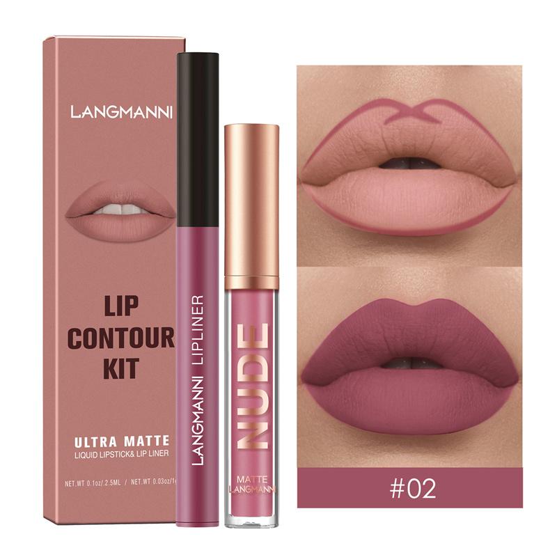 2-teilige Kombination aus Lippenkonturenstift und Lipgloss, wasserfest, langanhaltend, samtig, nackt, sexy, nicht klebender, matter Lippenstift, Lippenkonturenstift