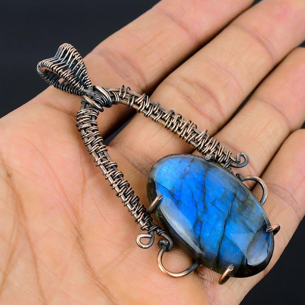 Labradorite Pendant, Handmade Gemstone 999 Copper Wire Wrapped Pendant Antique Jewelry, For Gift Silver Jewelry