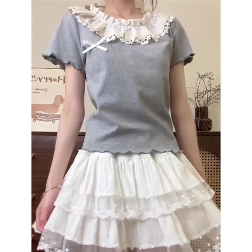 Women's Pure Cotton Lace Collar Ruffle Bow Short Sleeve Top