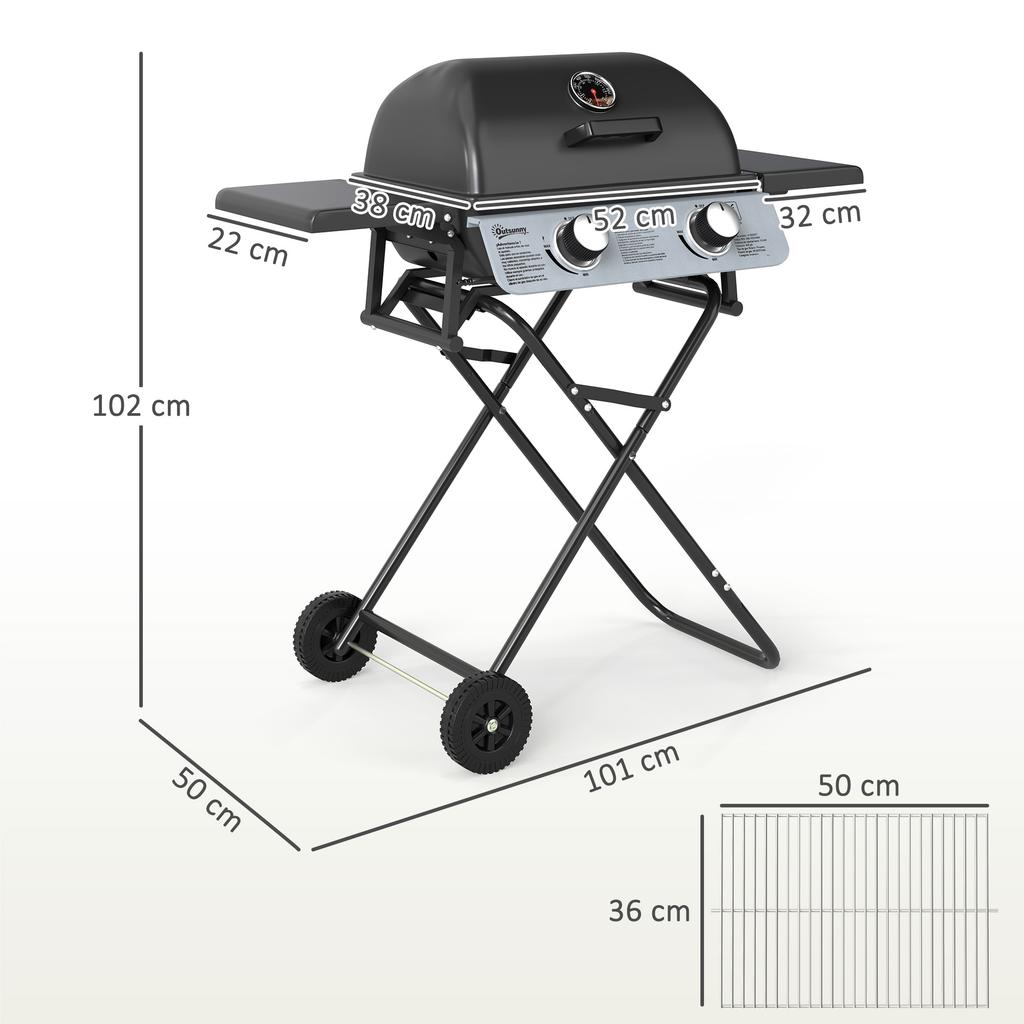 Portable Gas Barbecue, 2 Burners 5.6 kW, Camping Gas Barbecue with Side Shelves, Thermometer and Wheels, Black