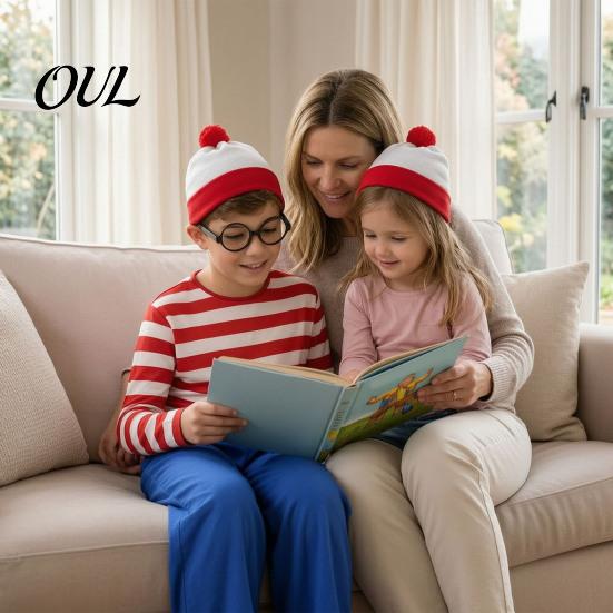 Costume Gioco di Ruolo per Bambini Adulti Halloween Camicia a Righe Rosse Bianche per Adulti Bambini, Occhiali da Secchione Outfit per Festival Cappello Incluso, Uomini Donne Bambini