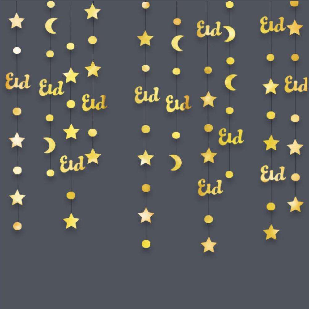 Gold Silver Eid Mubarak Banners DIY Paper Glitter Paper Ramadan Kareem Decor Pull Flag Ceiling Hanging Star Moon Lantern