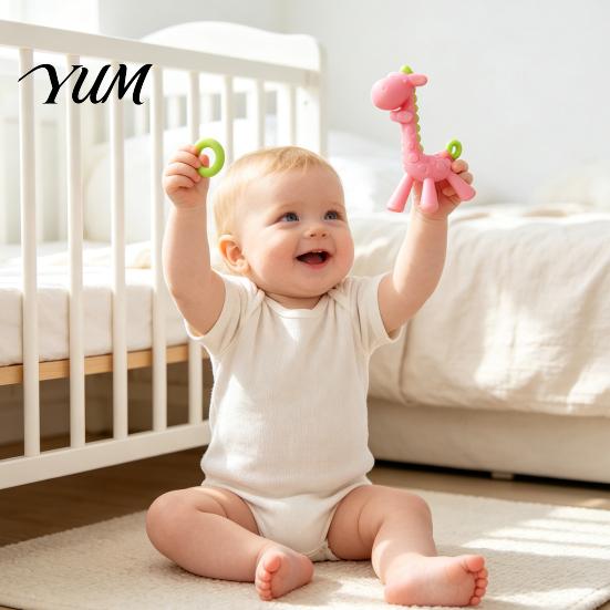 Essential Baby Shower Gift Giraffe Teething Toy for Infants, Food-Grade Silicone Chew Stick Gum Relief, One Piece Molded Teether BPA-Free 0-12 Months,