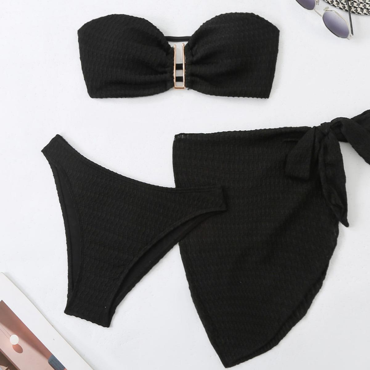 

European and American Halter Bikini: Solid Color Three-Piece Swimsuit XL чорний