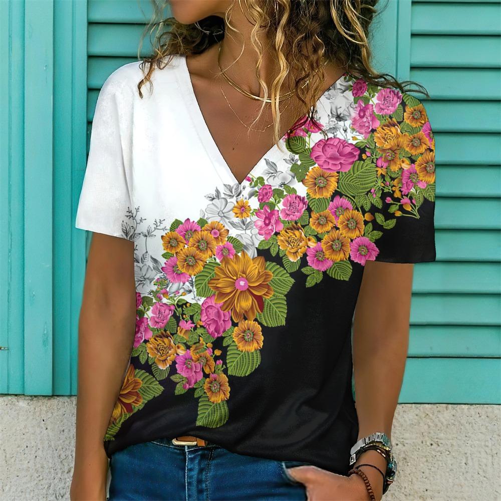 Nowy Damski T-shirt z Nadrukiem Kwiatowym Top Plus Size Odzież Damska Trend Moda Koszulka z Krótkim Rękawem Oversize Bluzka z Dekoltem w Serek