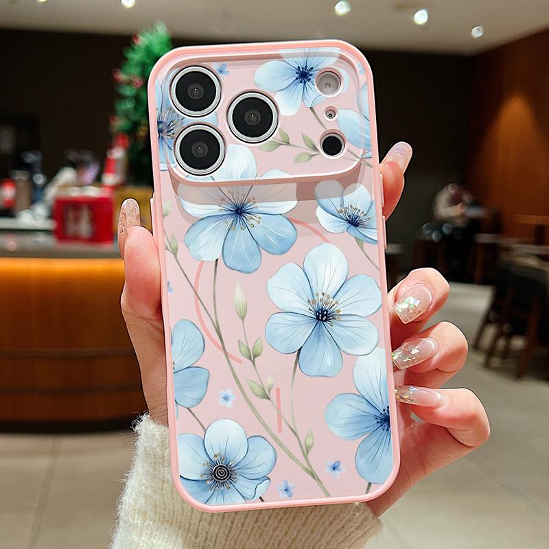 Lovely Sky-blue Flowers Pattern Case For iPhone 17 Pro Max Magnetic For Magsafe Skin Feeling Cover For iPhone 16 15 14 13 Pro Max