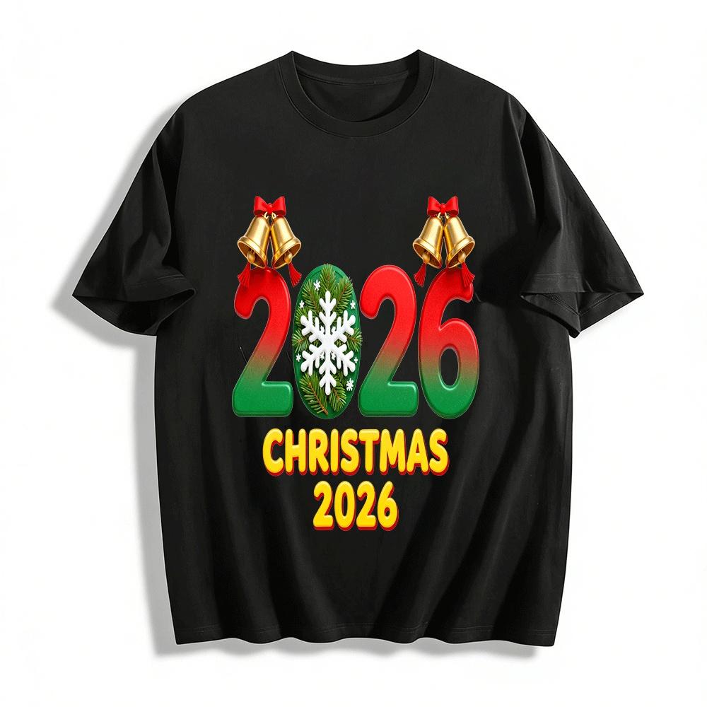 2026 Christmas Themed Gradient Number Bell Print Casual Top Pure cotton T-shirt XXS