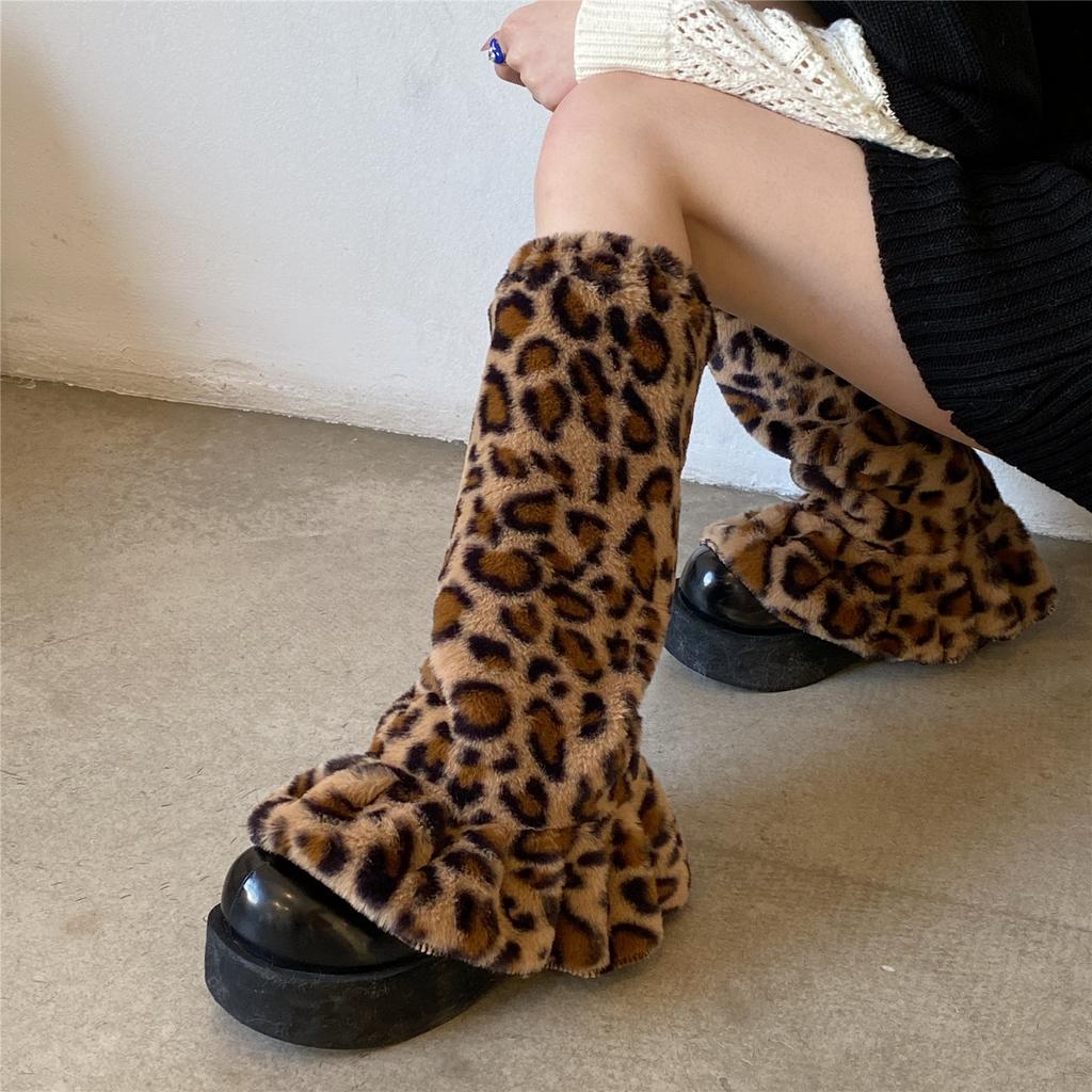 Retro plyšové leopardie ponožky Harajuku Obal ženy Spice Girl Teplejšie nohy do polovice lýtok Ponožky jeseň a zima