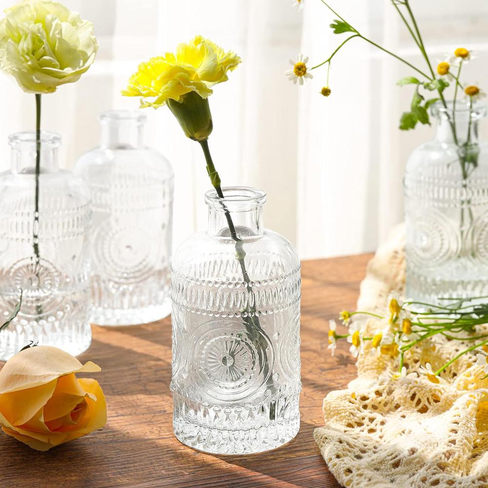 Glass Bud Vases Set of 6 Small Clear Bud Vases In Bulk, Mini Vintage Decorative Bottles, Modern Floral Centerpiece for Flowers