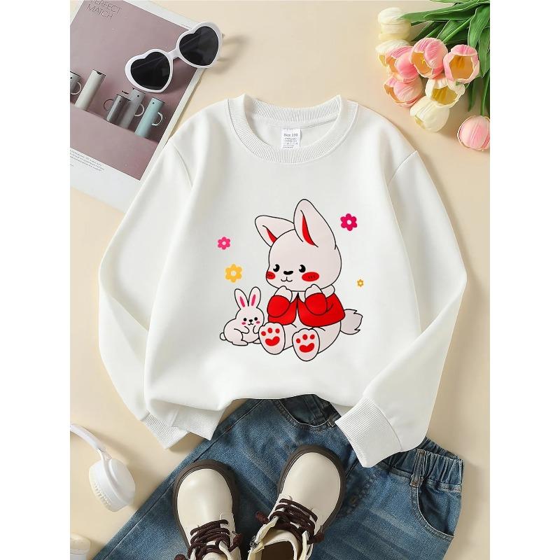 European sizes Crewneck Sweatshirt for Kids Featuring an Adorable Bunny with a Bunny And Flowers. Perfect for Sports And Casual Outings