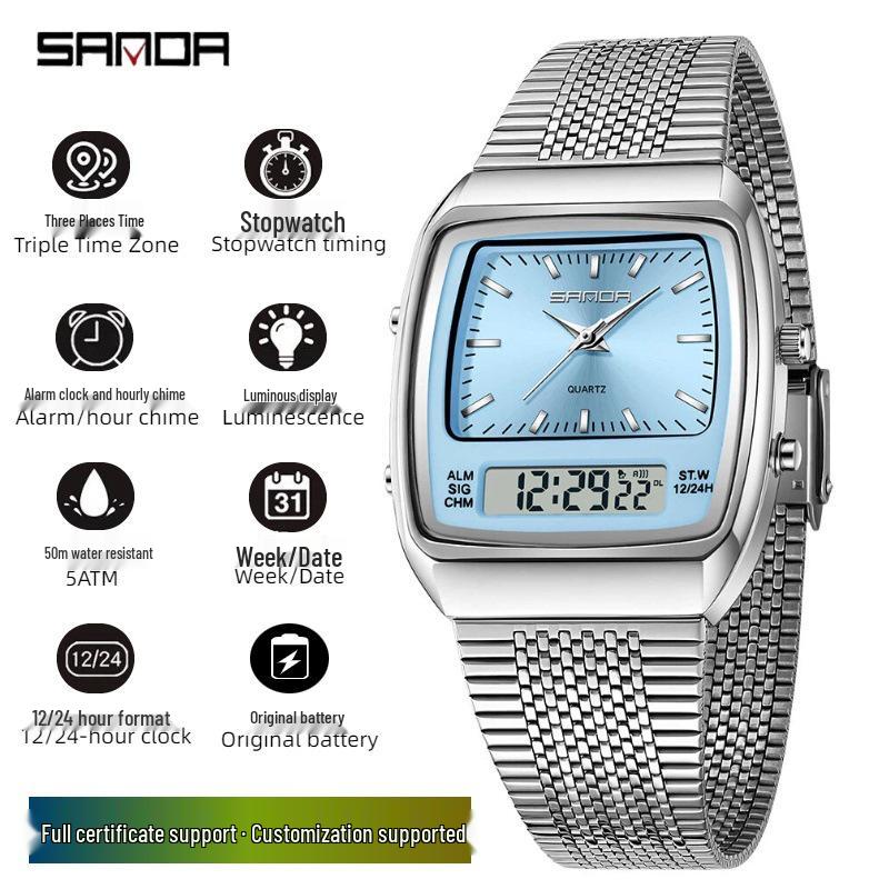 SANDA Men's Steel Band Dual Display Watch with Multi-Time Zone, Night Glow, and Waterproof Features