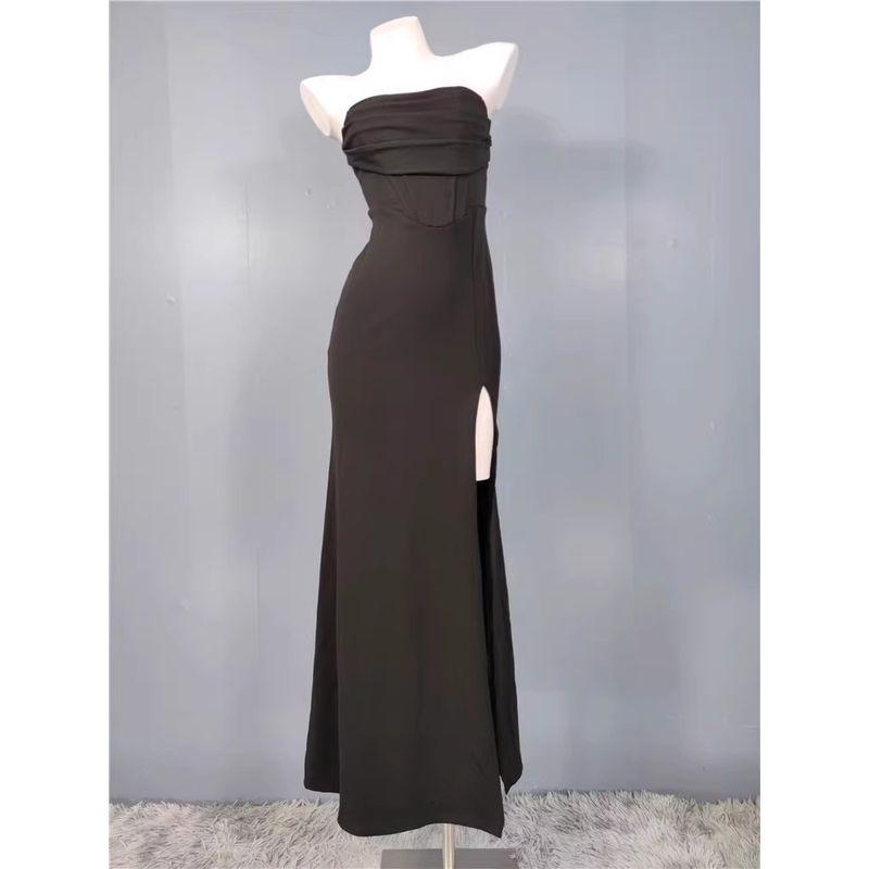 Foreign Trade Order Lu's Wrap-around Temperament Pleat Fishbone Body Shaping Waist Hugging Slimming Split Sheath White Party Dress