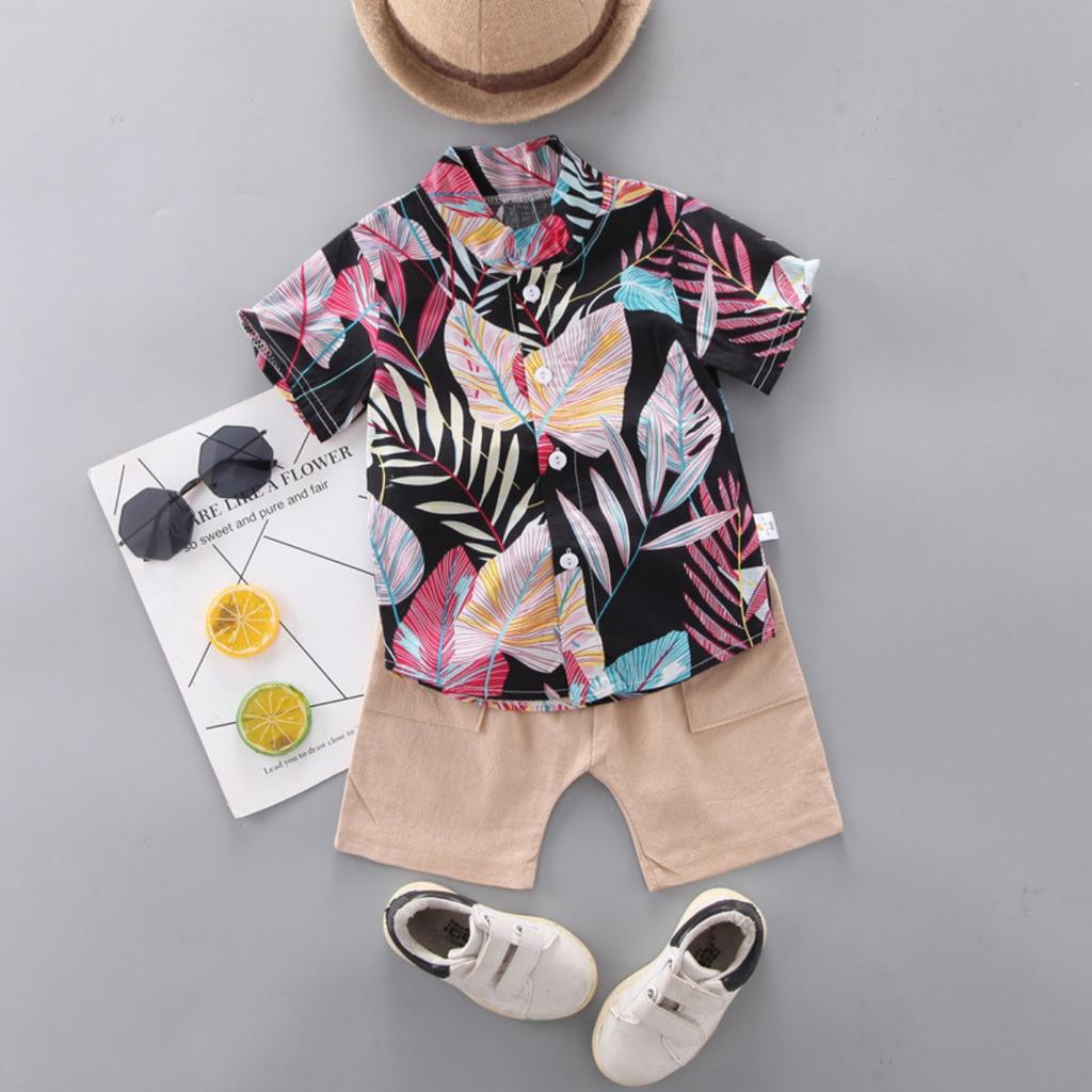 Summer Printed Pyramid Shirt Short Sleeved Shorts Set for Male and Female Infants and Young Children