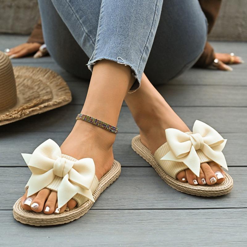 Summer New Style Round Head Fabric Butterfly Knot Soft Sole Anti-slip Wear-resistant Slippers Flat Sandals