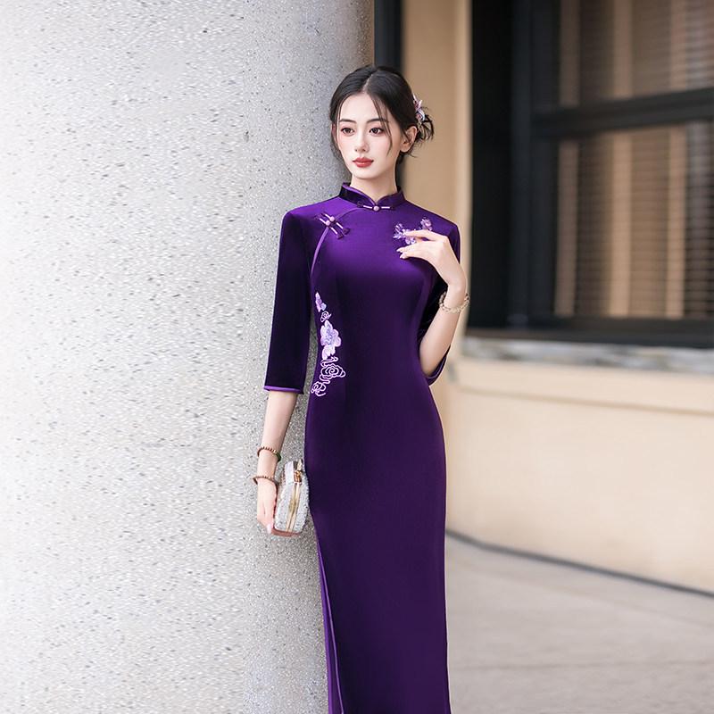 Purple National Style New Chinese Suzhou Autumn Long-sleeved Improved Cheongsam 1011 New Women's High-end Spring and Autumn Mother Outfit