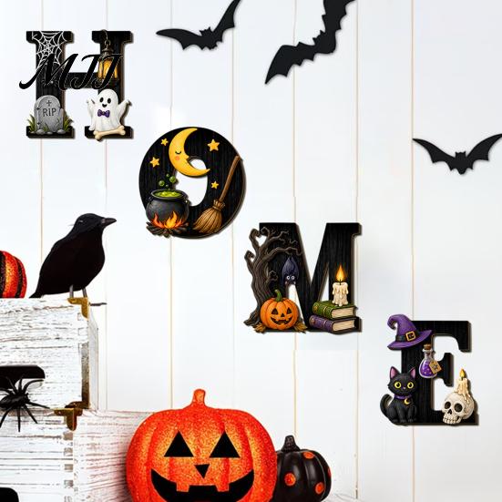 Holiday Home Accents Halloween HOME Letter Wall Hanging Ornament, Wooden Festive Decor with Ghost Skull Party Supplies Pumpkin Black Cat Bat Elements
